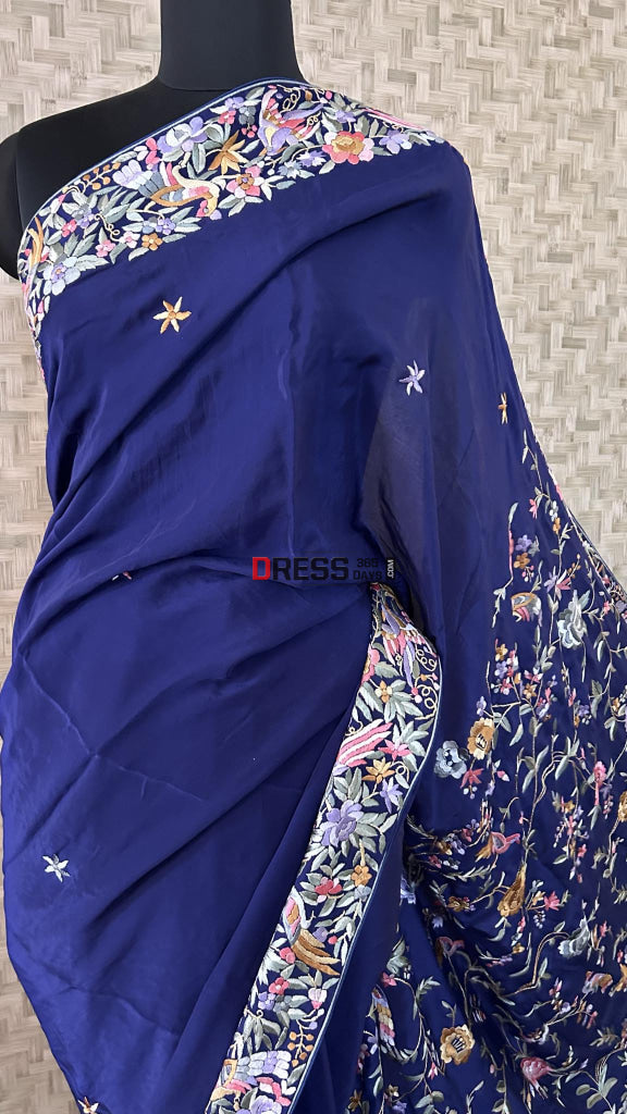 Crepe Silk Navy Multicolour Parsi Gara Saree