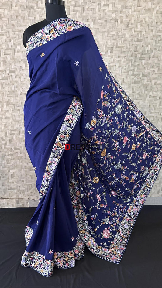 Crepe Silk Navy Multicolour Parsi Gara Saree