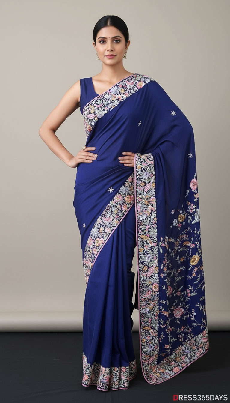 Pre Order Crepe Silk Navy Multicolour Parsi Gara Saree