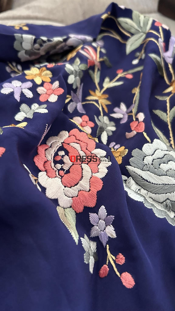 Crepe Silk Navy Multicolour Parsi Gara Saree