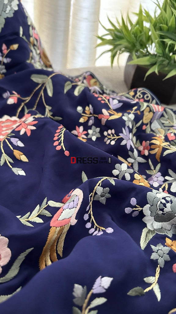 Crepe Silk Navy Multicolour Parsi Gara Saree