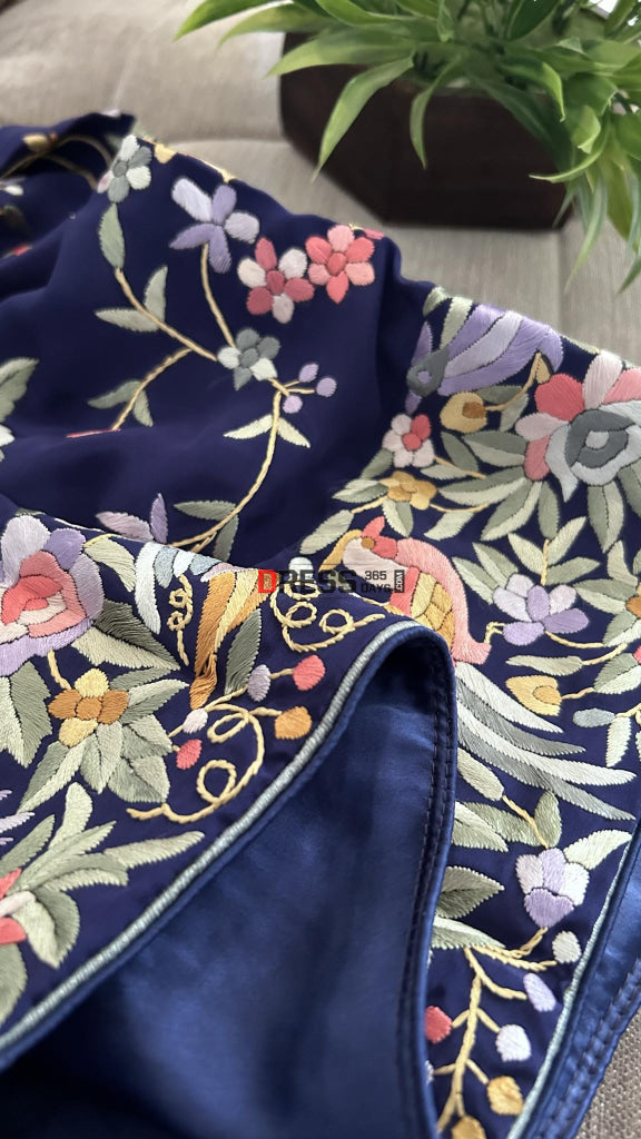 Crepe Silk Navy Multicolour Parsi Gara Saree
