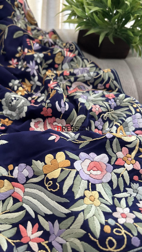 Crepe Silk Navy Multicolour Parsi Gara Saree