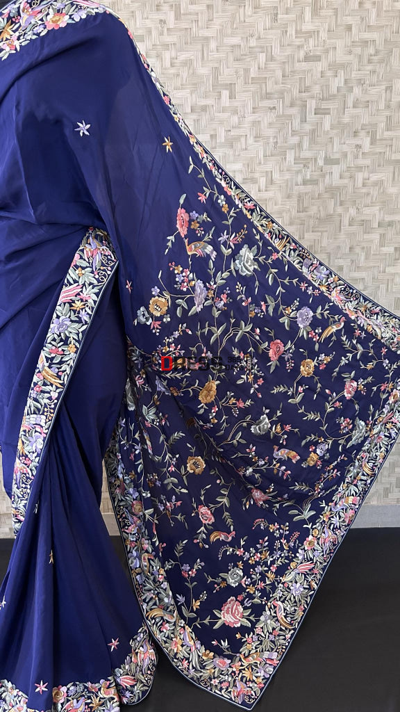 Crepe Silk Navy Multicolour Parsi Gara Saree