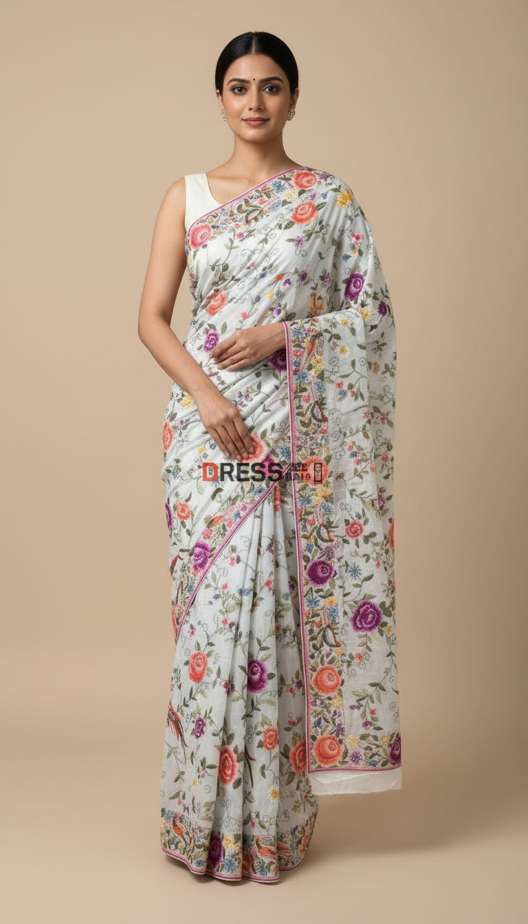 Pre Order Crepe Silk Parsi Gara Hand Embroidered Saree