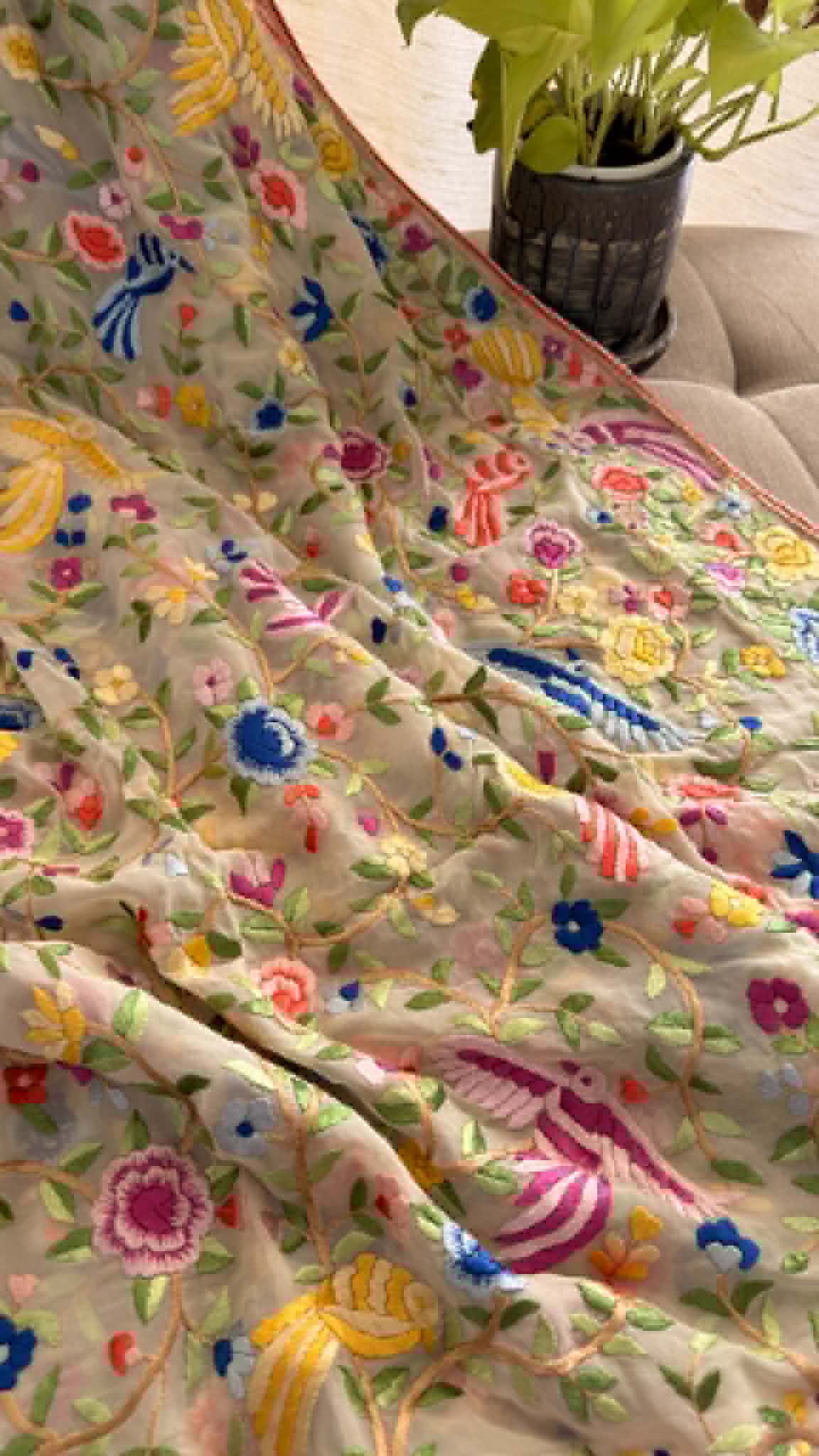 Elegant Ivory Multicolour Parsi Gara Dupatta