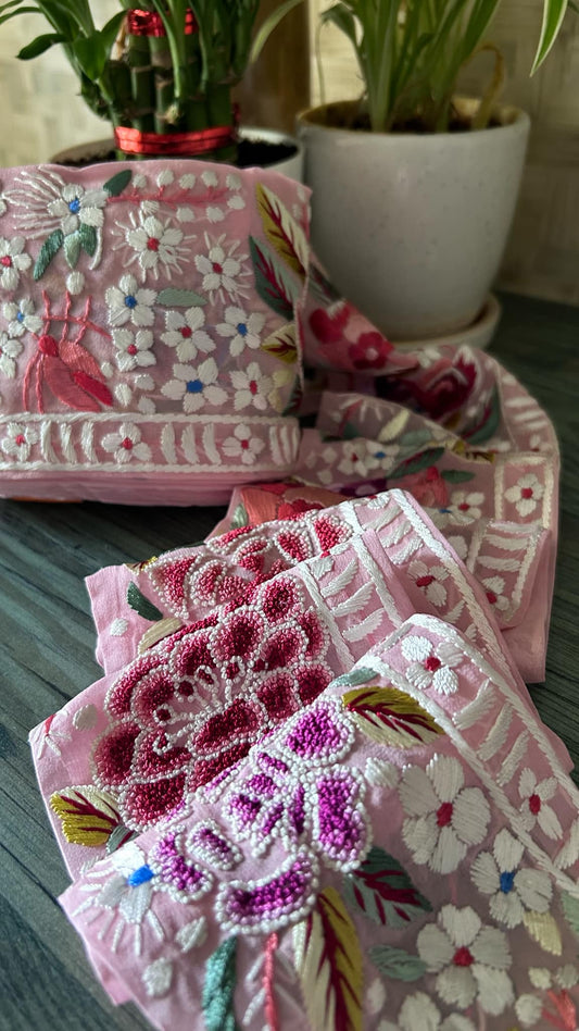 Pre Order Exclusive Parsi Gara Hand Embroidered Border (Pink)