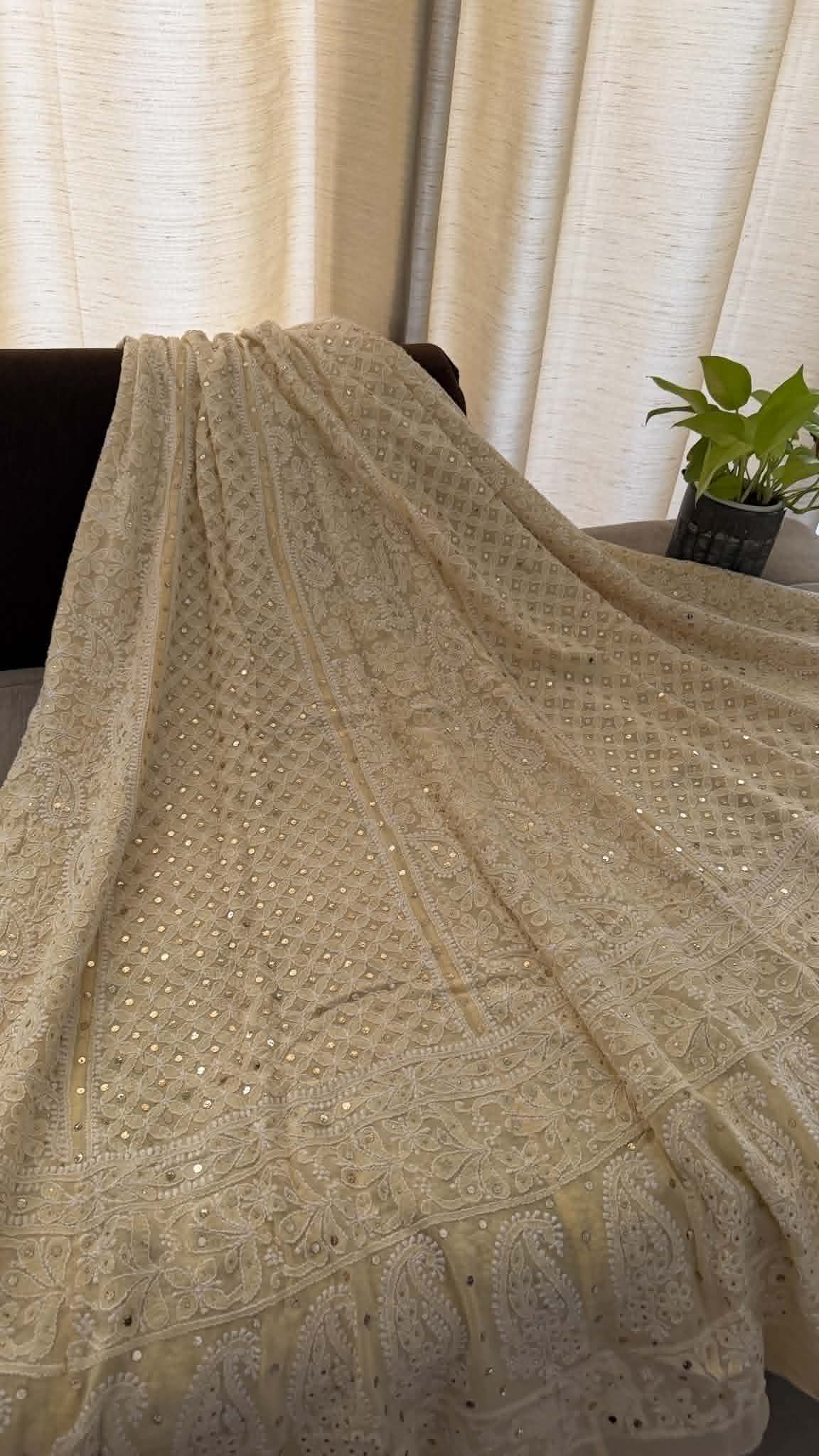 Beige Mukaish Chikankari Lehenga Skirt (Lehenga Only)
