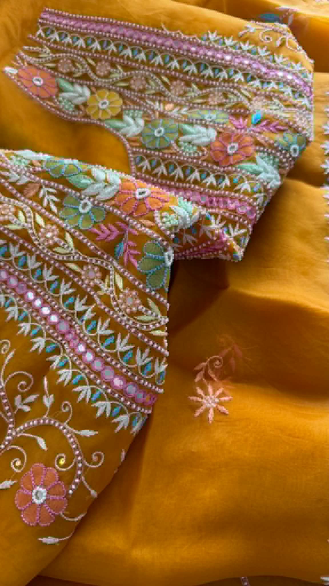Luxury Pearl Handcrafted Organza Chikankari Suit- Rust