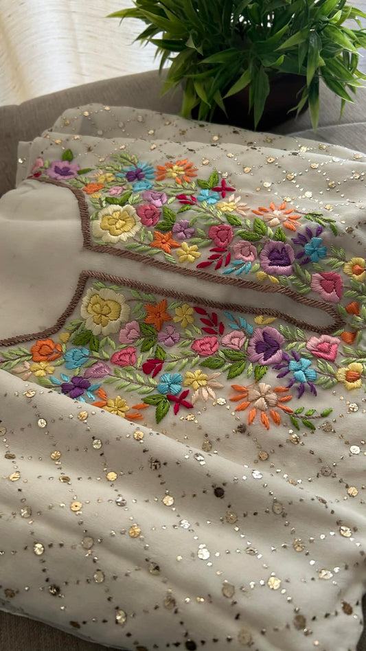 Ivory White Kamdani Parsi Gara Neckline Suit