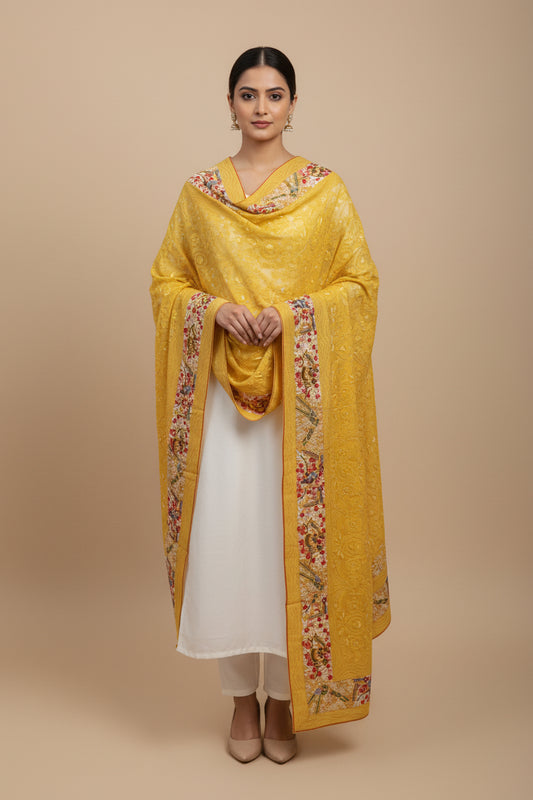 Pre Order Bright Yellow Chikankari Parsi Gara Dupatta
