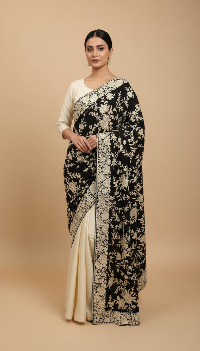 Pre Order Crepe Silk Floral Black & Ivory Parsi Gara Dupatta