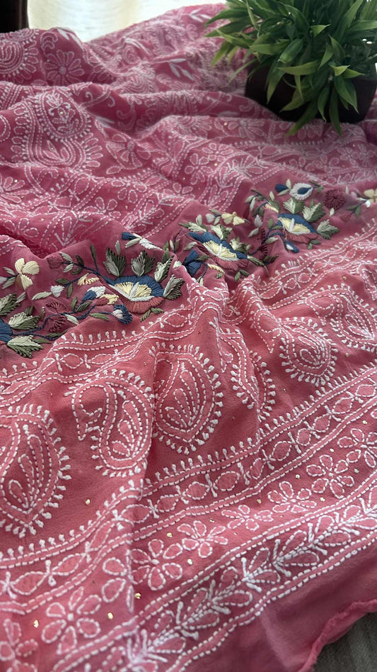 Dark Peach Chikankari Parsi Gara Daman Suit