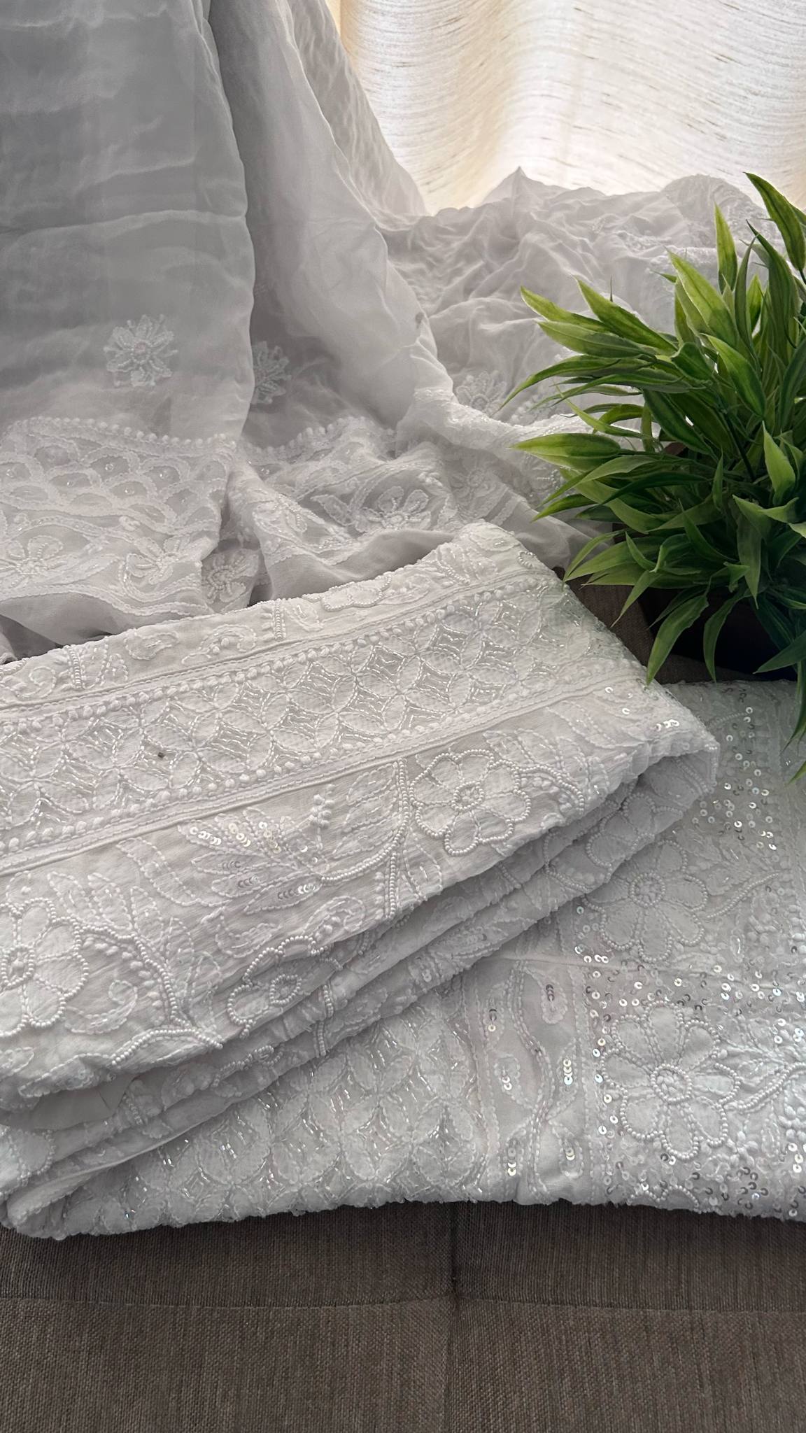 White Cut Dana Pearl Sequin Chikankari Anarkali Suit
