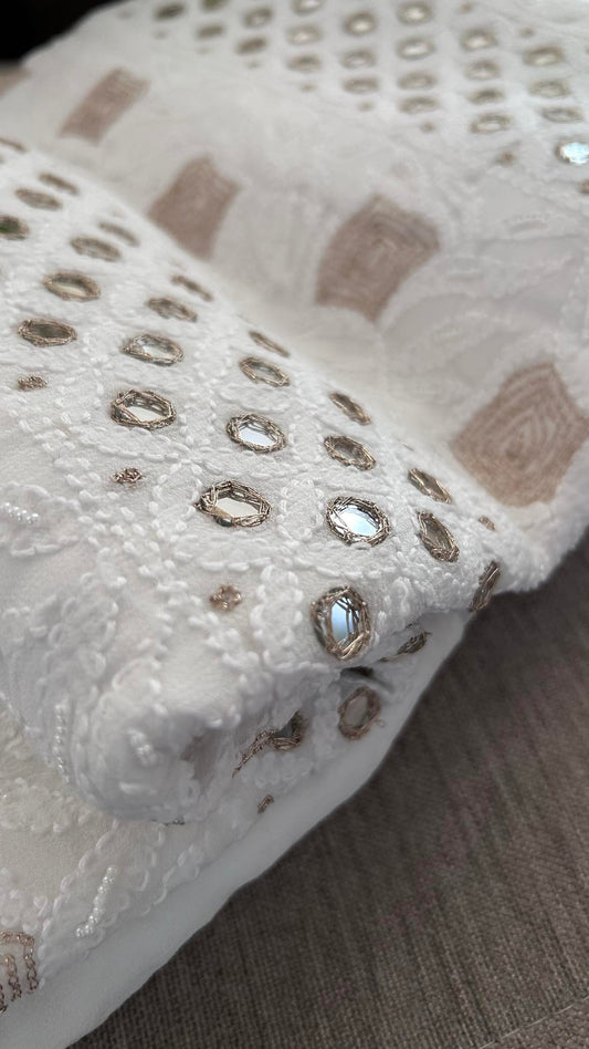 White Pearl , Mirror and Zari Chikankari Suit