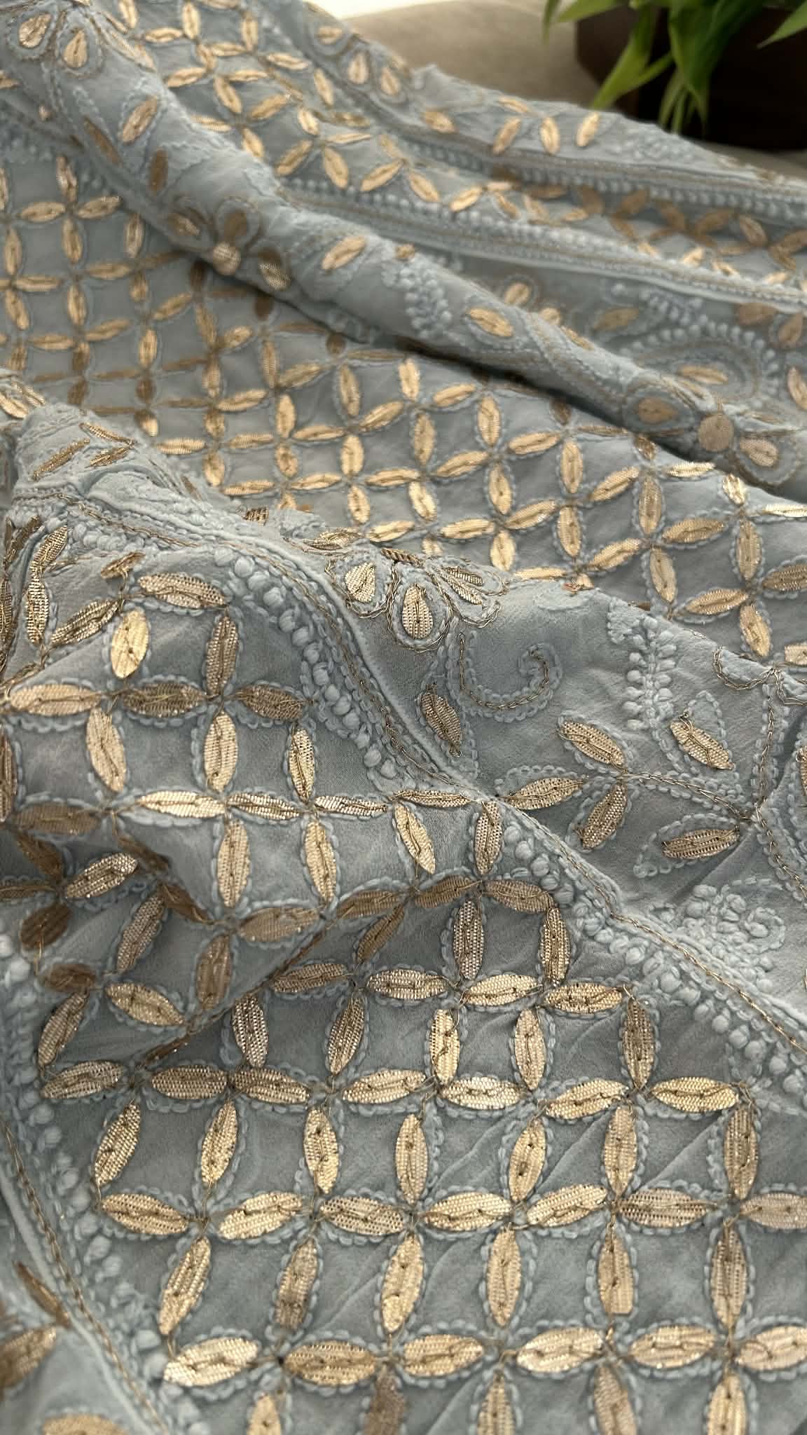 Greyish Blue Gota Patti Chikankari Anarkali Suit (Anarkali And Dupatta)