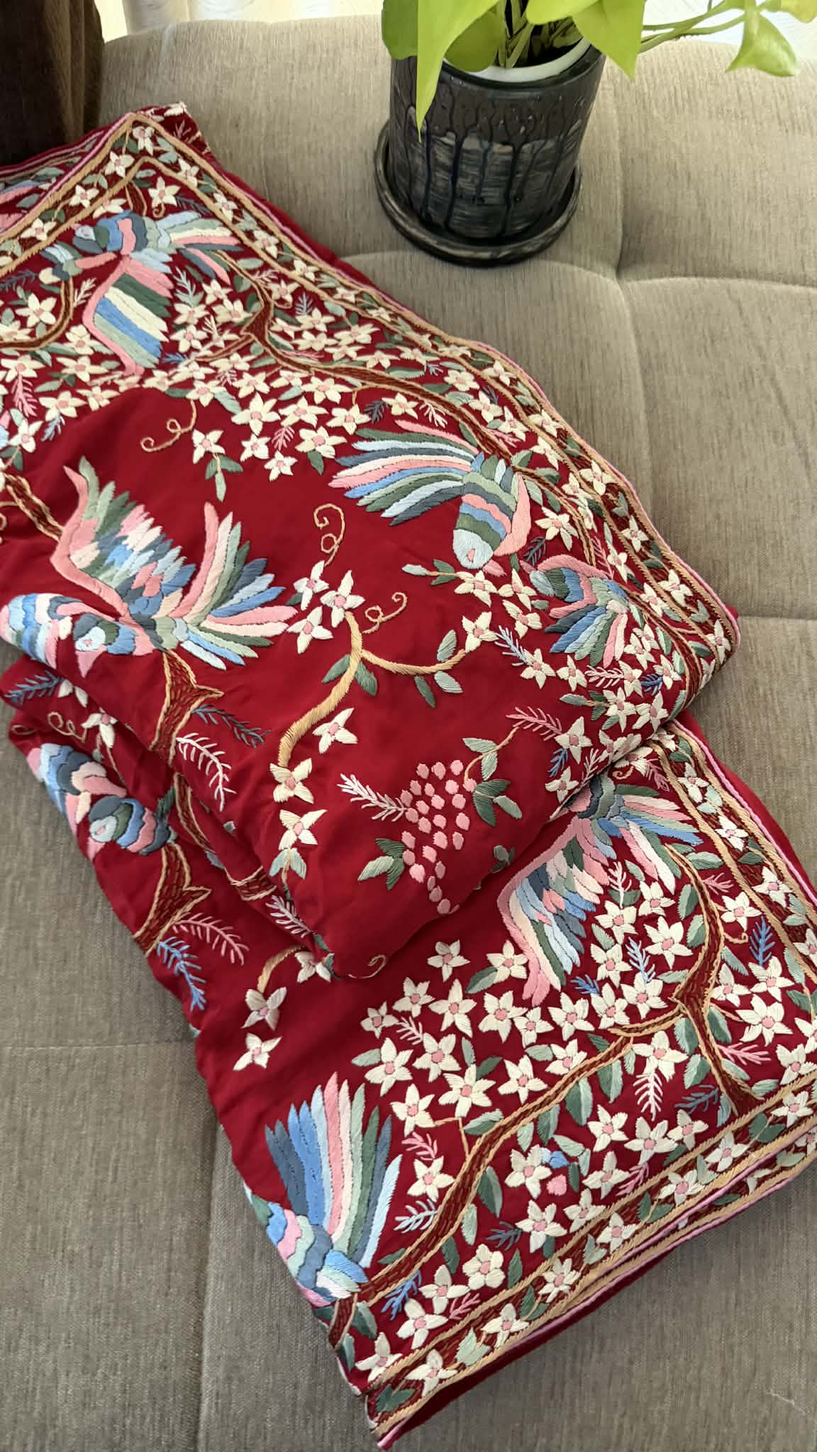 Designer Parsi Gara Saree with Multicolour Embroidery (Crepe Silk)