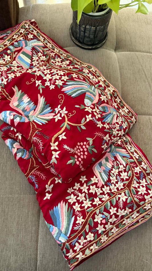 Designer Parsi Gara Saree with Multicolour Embroidery (Crepe Silk)