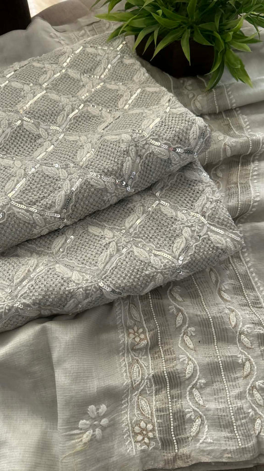 Exclusive Silver Hand Jaali Pearl Tissue Chanderi Chikankari Suit