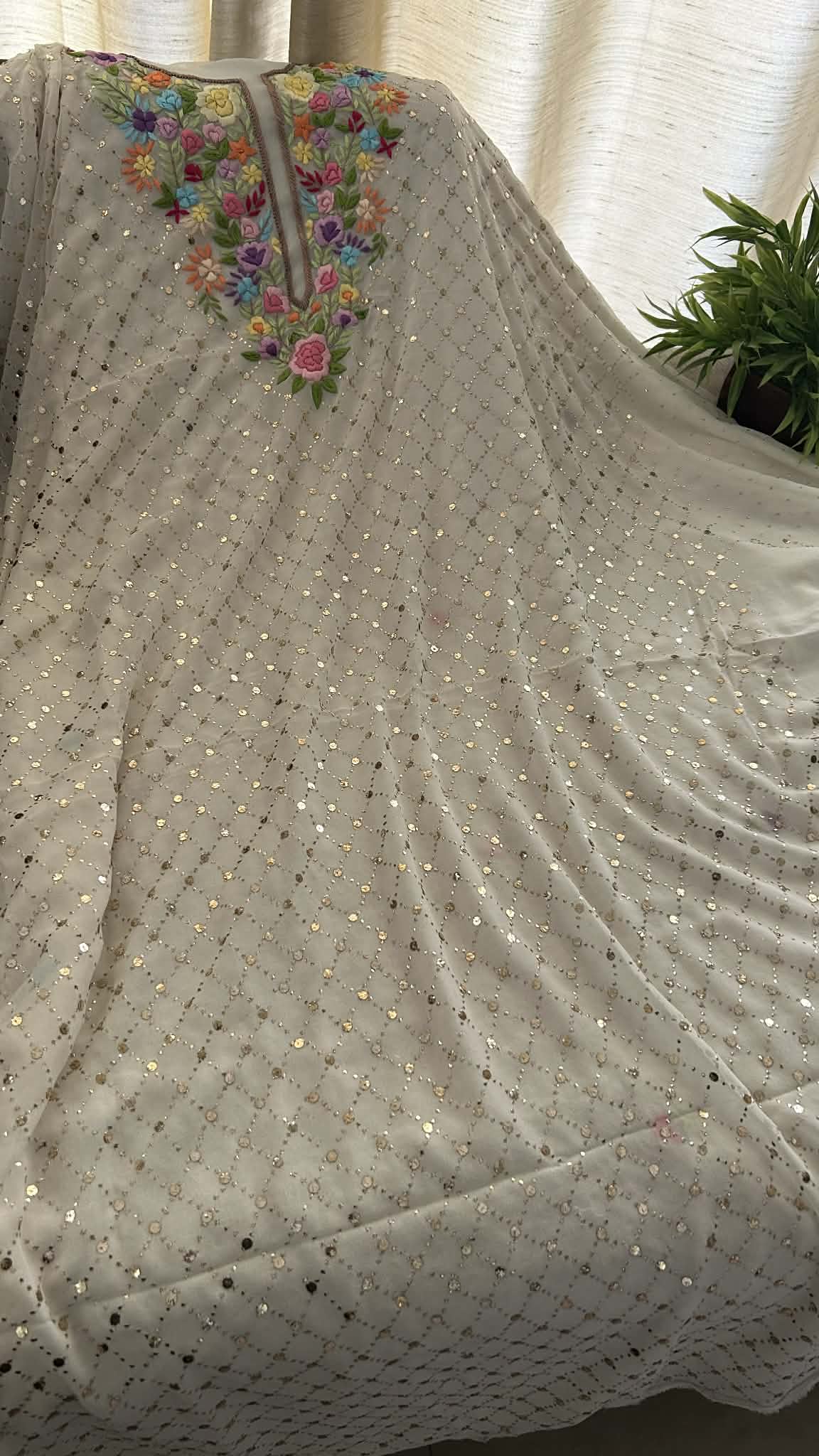 Ivory White Kamdani Parsi Gara Neckline Suit