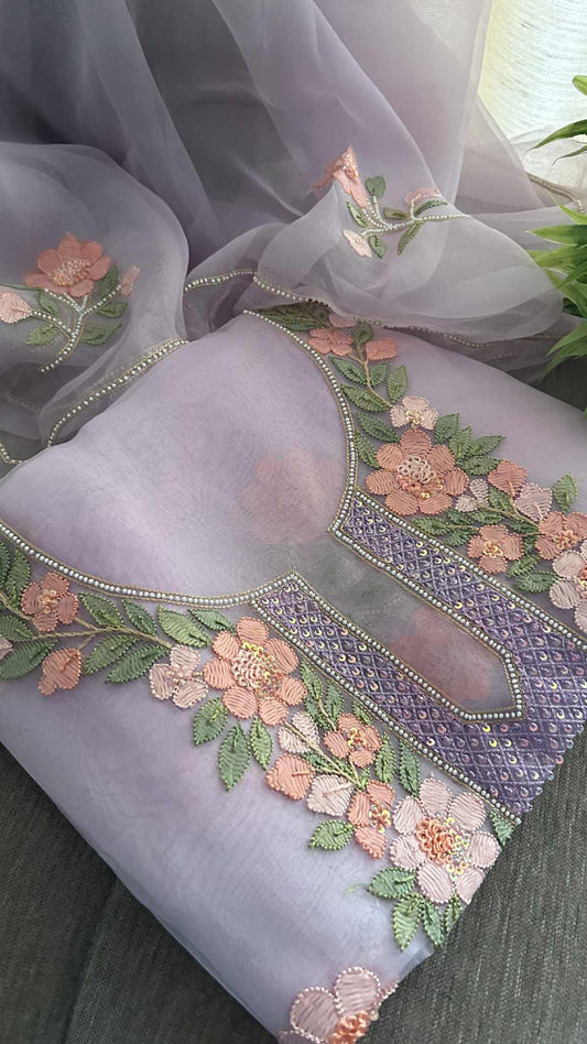 Lilac Organza Pearls Multicolour Chikankari Suit