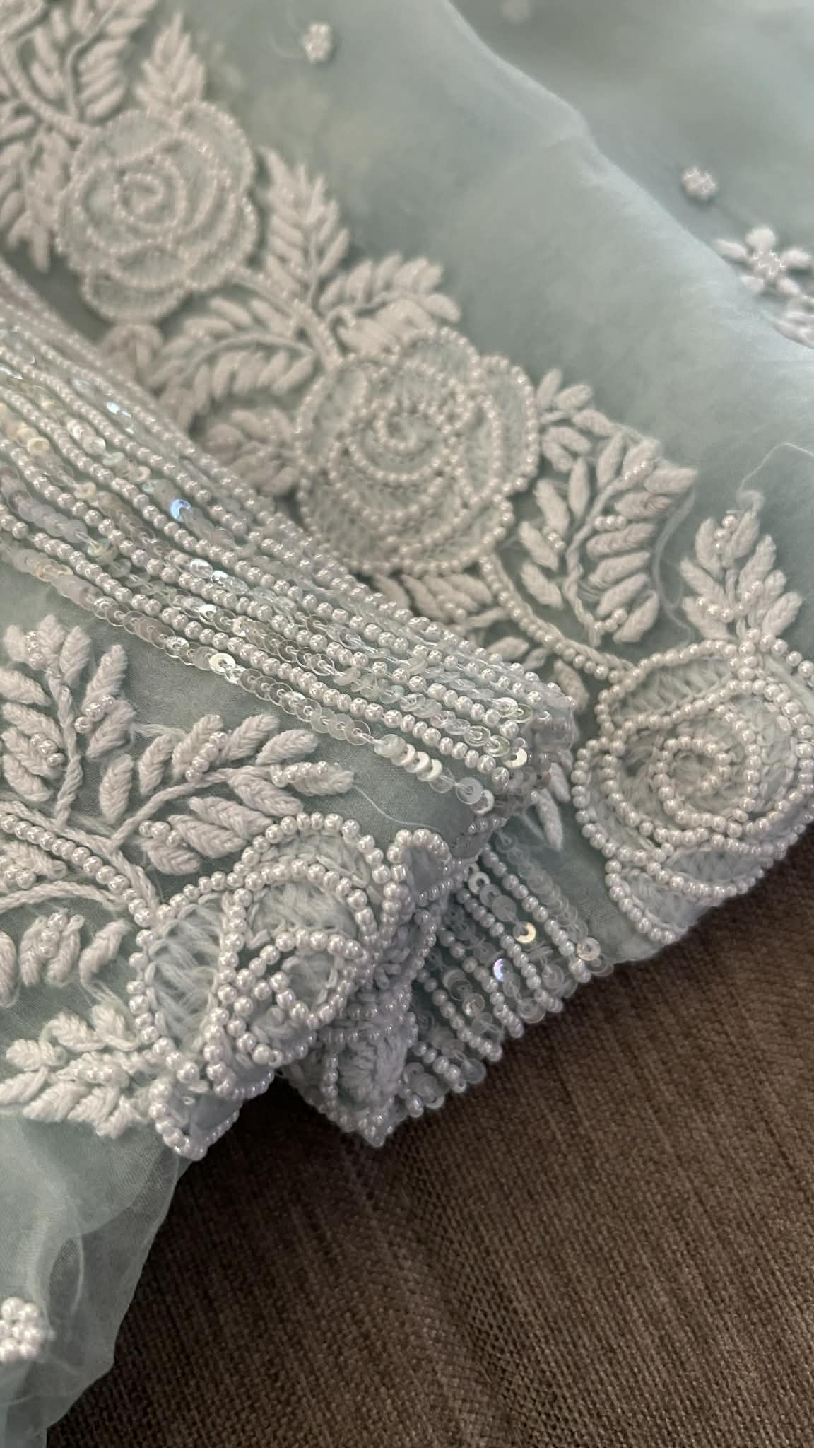 Exclusive Sage Green Organza Pearl Chikankari Suit