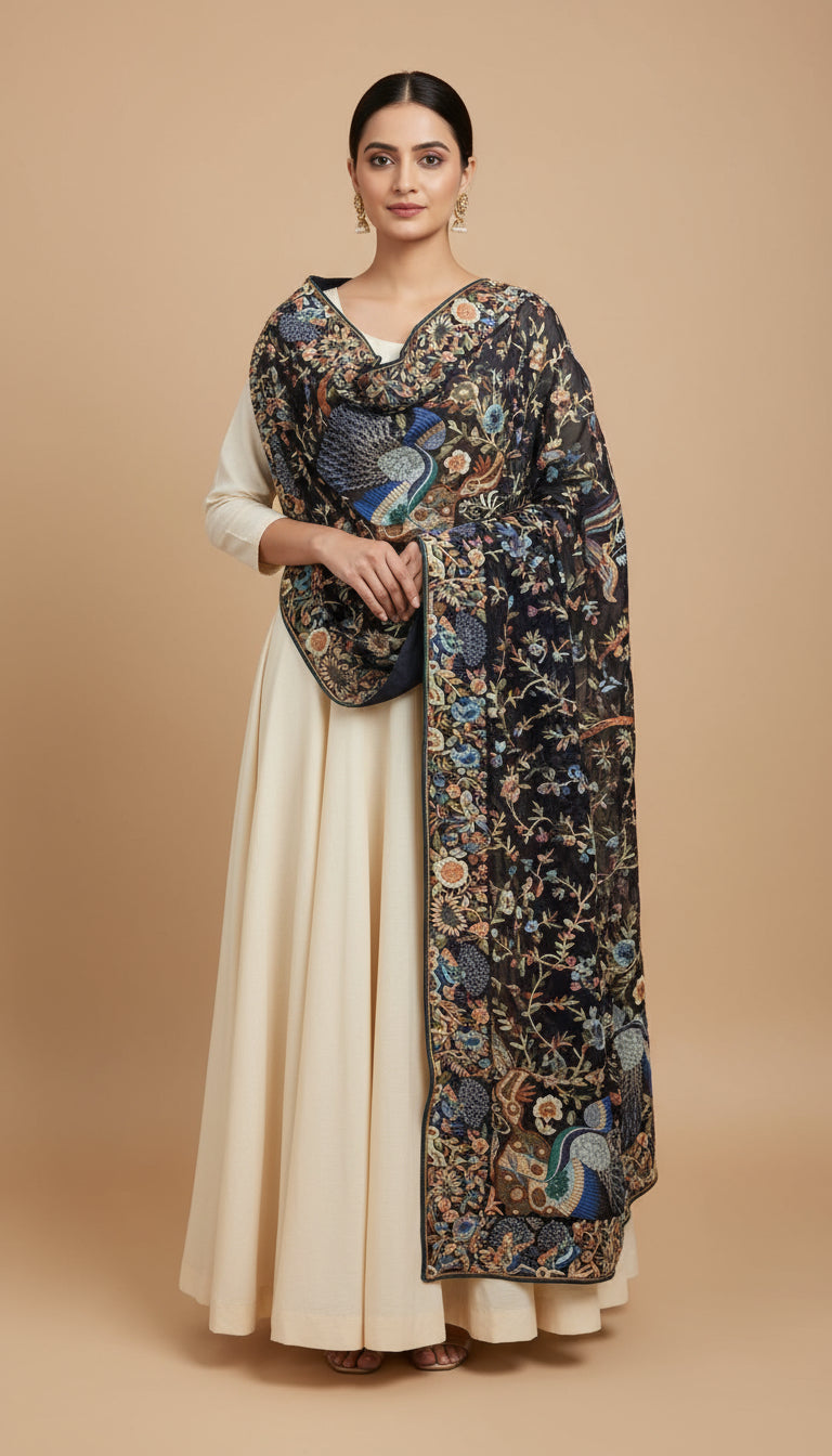 Designer Navy Multicolour Parsi Gara Dupatta