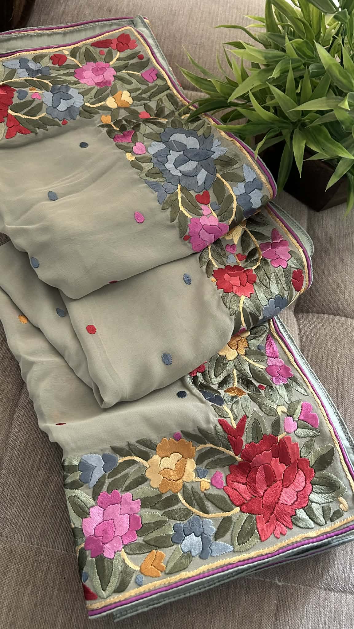 Designer Sage Green Parsi Gara Dupatta