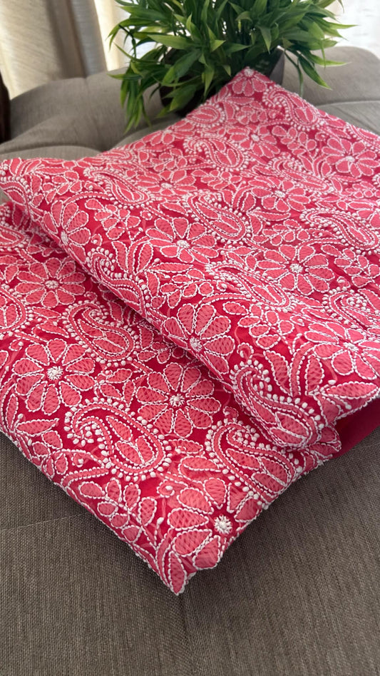 Rose Red Georgette Chikankari Kurti Fabric (Only Kurti)