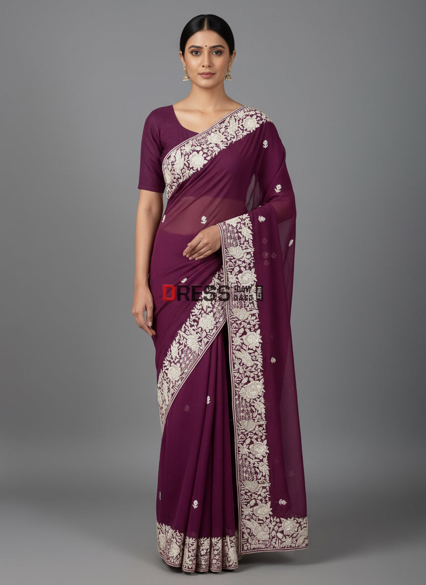 Pre Order Deep Purple & Ivory Parsi Gara Saree