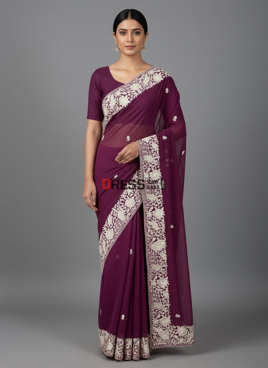 Pre Order Deep Purple & Ivory Parsi Gara Saree