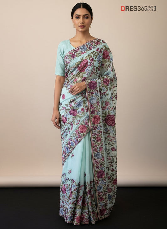 Pre Order Designer Aqua Blue Parsi Gara Saree