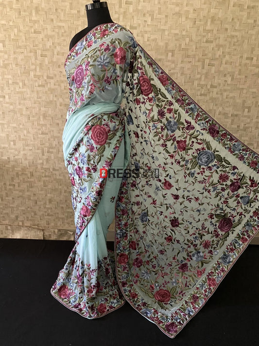 Designer Aqua Blue Parsi Gara Saree