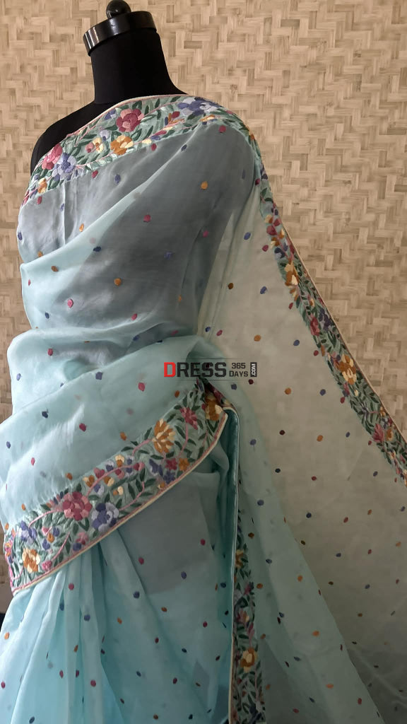 Designer Aqua Green Organza Parsi Gara Saree Parsi Gara Saree