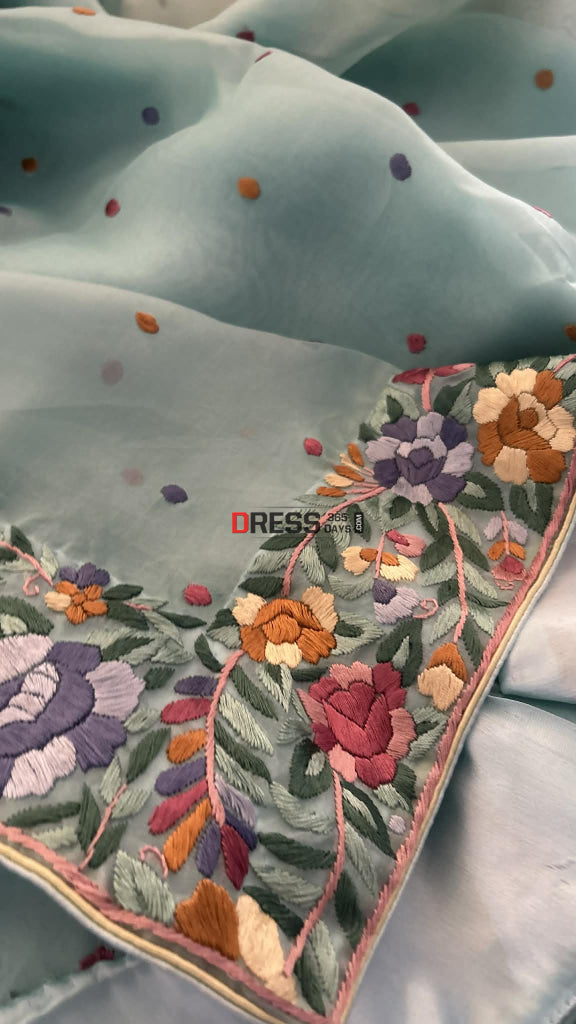 Designer Aqua Green Organza Parsi Gara Saree Parsi Gara Saree