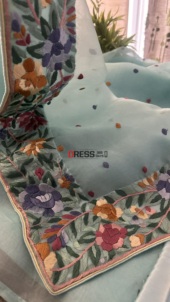 Designer Aqua Green Organza Parsi Gara Saree Parsi Gara Saree