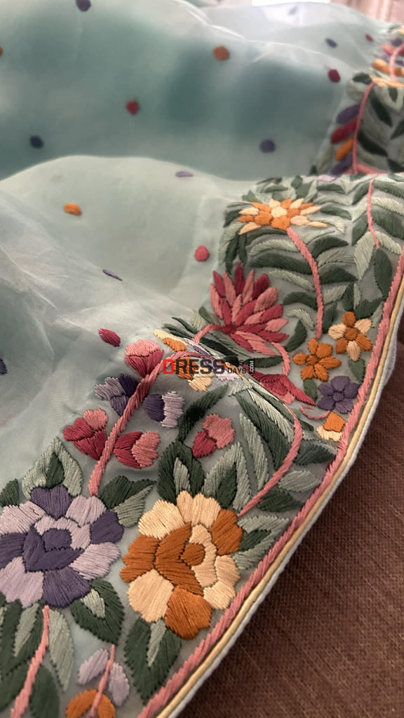 Designer Aqua Green Organza Parsi Gara Saree Parsi Gara Saree
