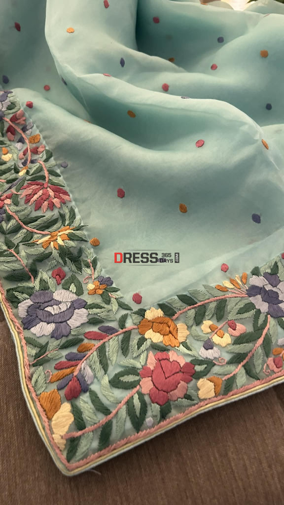 Designer Aqua Green Organza Parsi Gara Saree Parsi Gara Saree