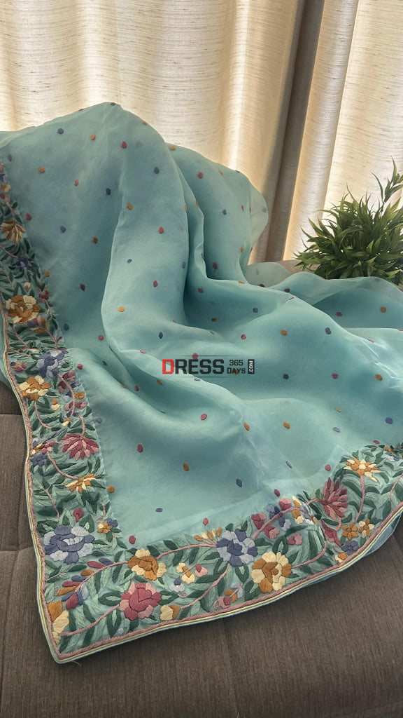 Designer Aqua Green Organza Parsi Gara Saree Parsi Gara Saree
