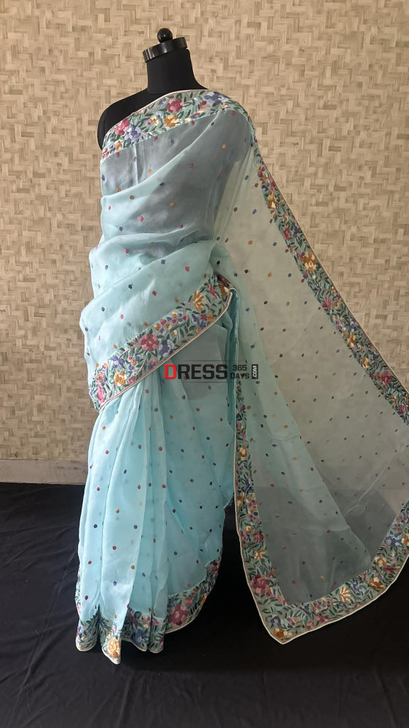 Designer Aqua Green Organza Parsi Gara Saree Parsi Gara Saree