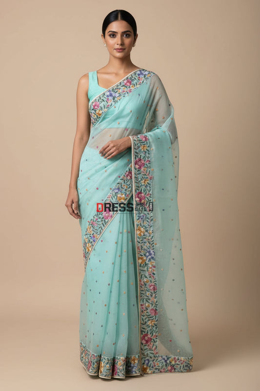 Designer Aqua Green Organza Parsi Gara Saree Parsi Gara Saree