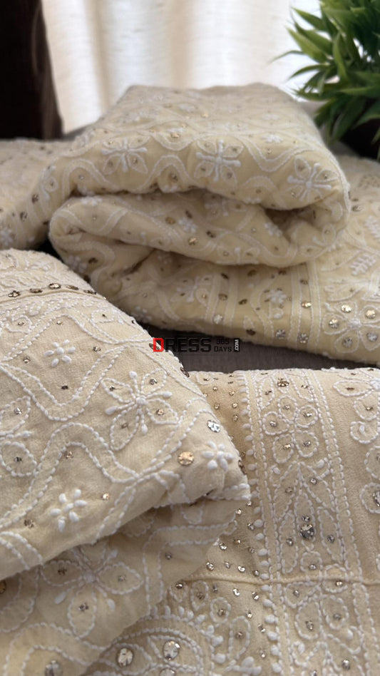 Designer Beige Kamdani Lucknowi Chikankari Lehenga Set