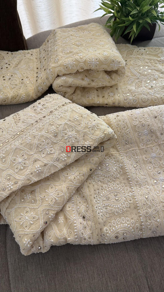 Designer Beige Kamdani Lucknowi Chikankari Lehenga Set