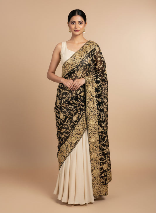 Designer Black & Gold Parsi Gara Dupatta