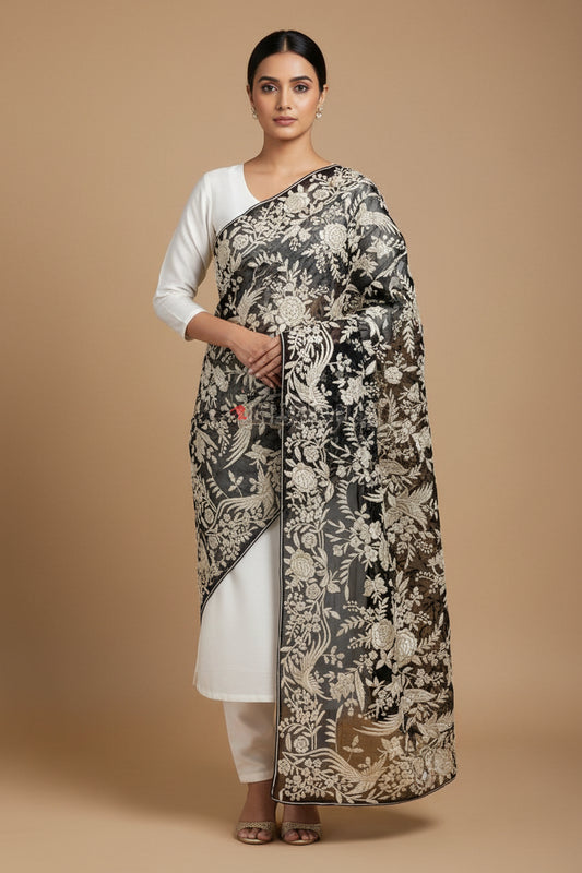 Pre Order Designer Black Ivory Parsi Gara Dupatta