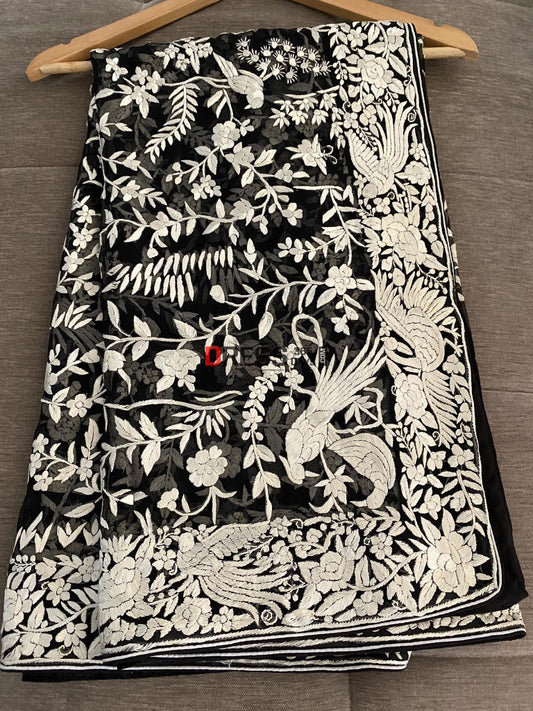 Designer Black Ivory Parsi Gara Dupatta