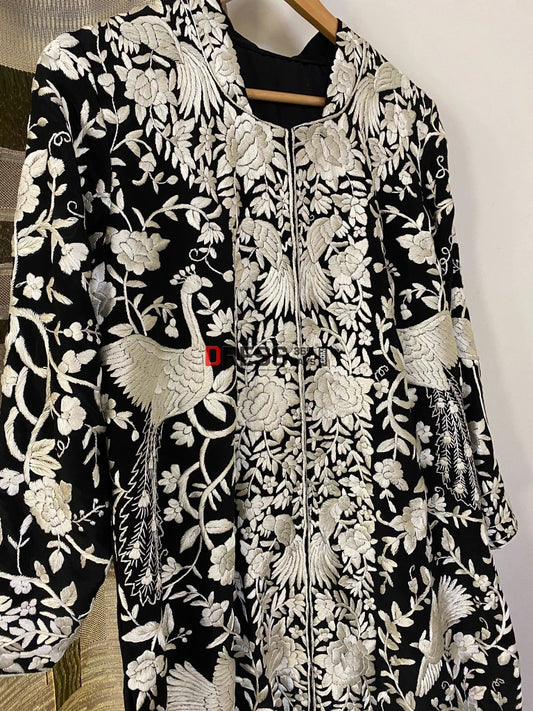 Designer Black & Ivory Parsi Gara Hand Embroidered Jacket Suits