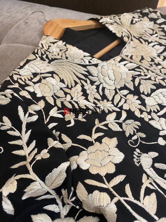 Designer Black & Ivory Parsi Gara Hand Embroidered Jacket Suits