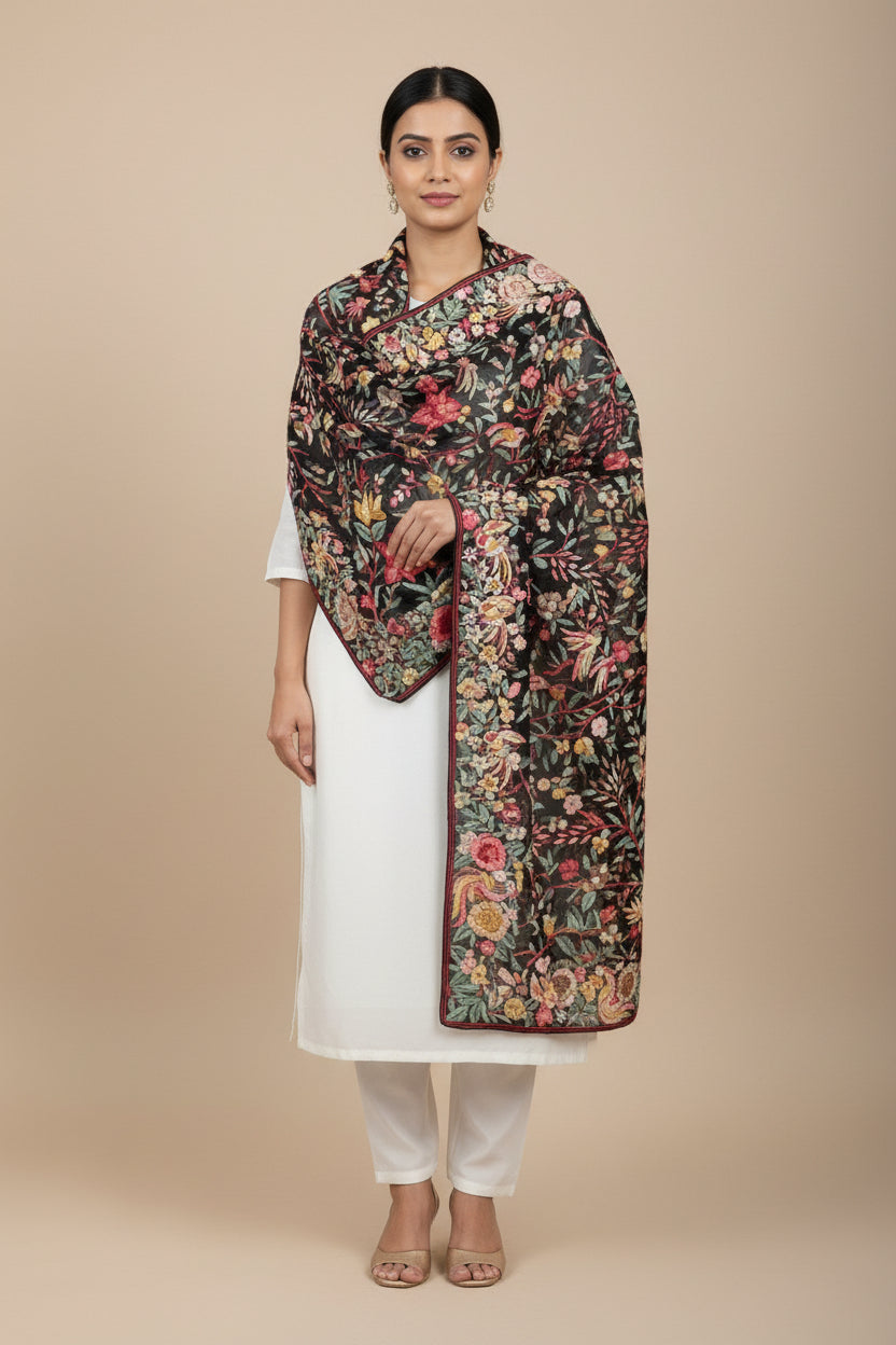 Pre Order Designer Black Multicolour Parsi Gara Dupatta