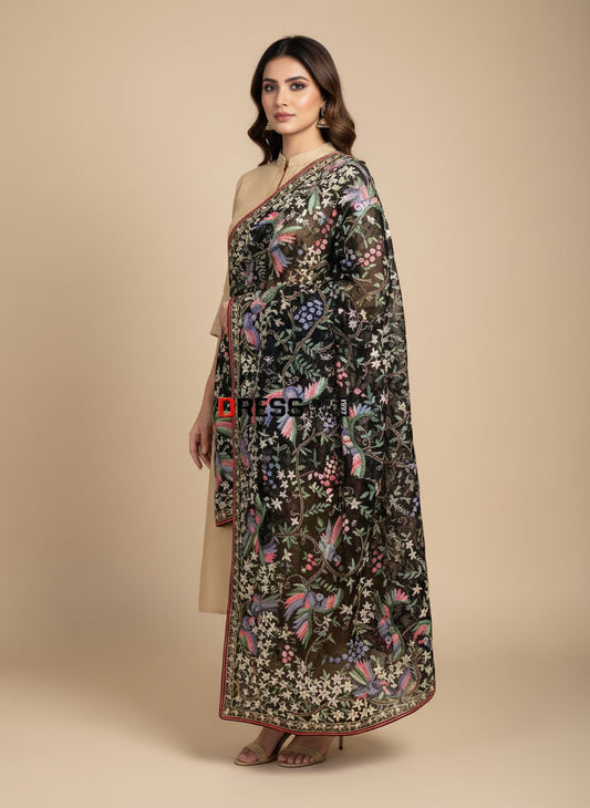 Pre order Designer Black Multicolour Parsi Gara Dupatta